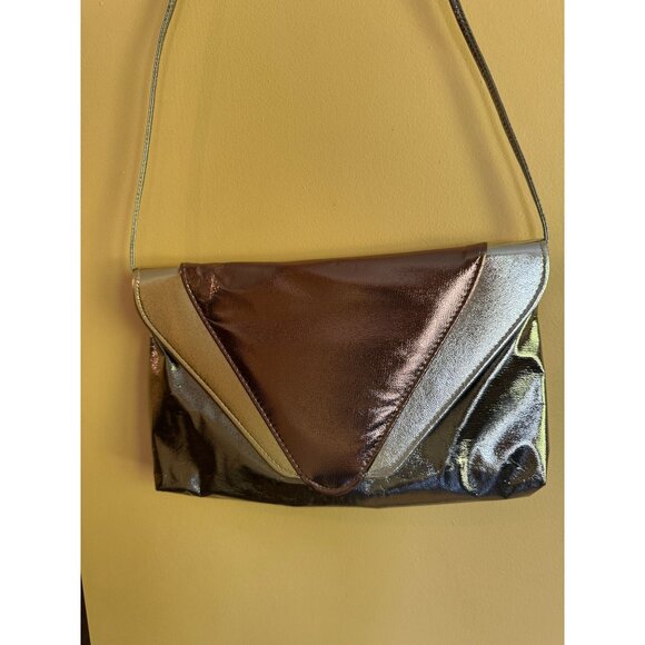 Vintage Gold Silver Bronze Metallic Envelope Crossbody Leather Clutch‎ Purse - Picture 3 of 12